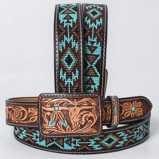 American Darling Beaded Navajo Belt with Tooled Bull Skull Buckle