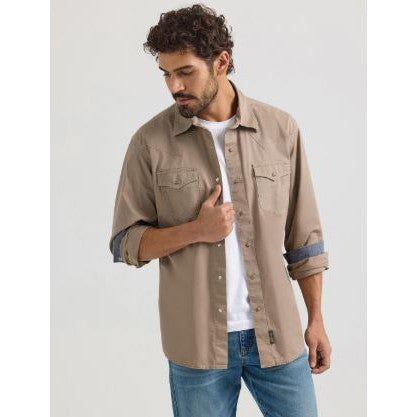 Wrangler Men's Retro Premium Long Sleeve Shirt- Taupe