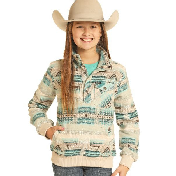 Rock & Roll Girl's Henley Aztec Jacquard Pullover- Tan