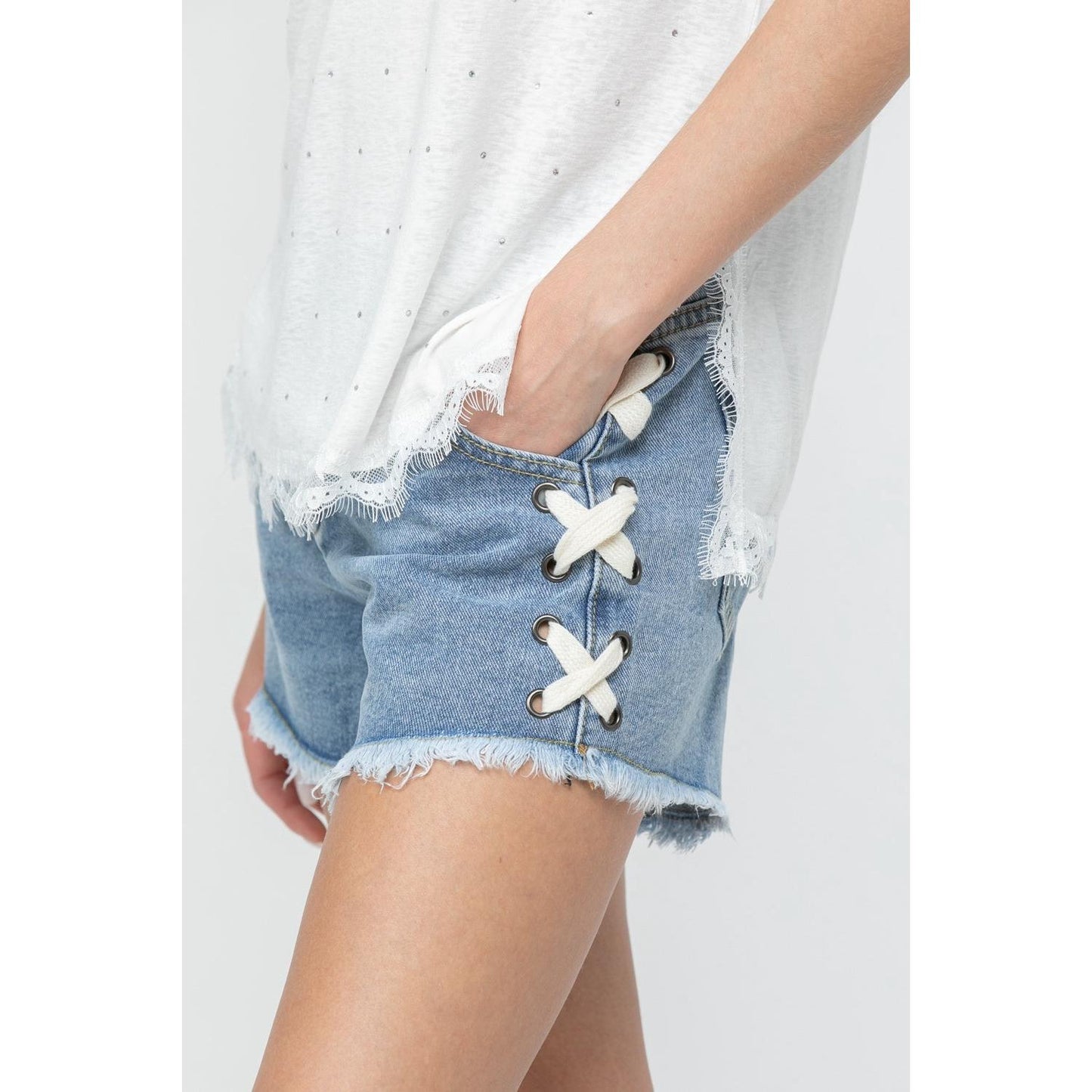 Vocal Apparel Low Rise Raw Hem Denim Knit Shorts with Laced Up Sides-Blue