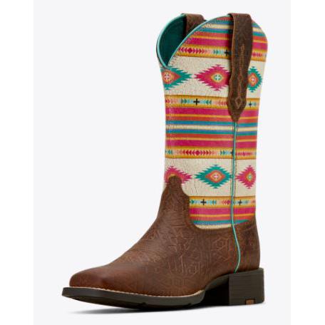 Ariat Women's Round Up Wide Square Toe Stretchfit Western Boot- Tan Southwest Emboss