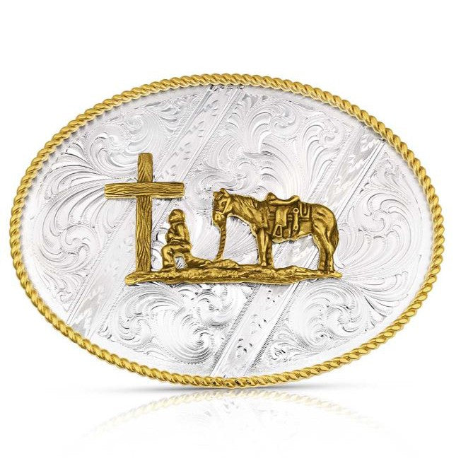 Montana Striking Engraved Belt Buckle with Christian Cowboy
