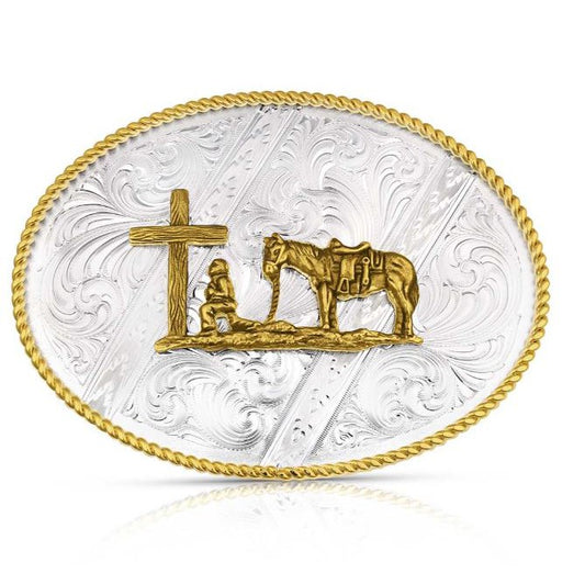 Montana Striking Engraved Belt Buckle with Christian Cowboy