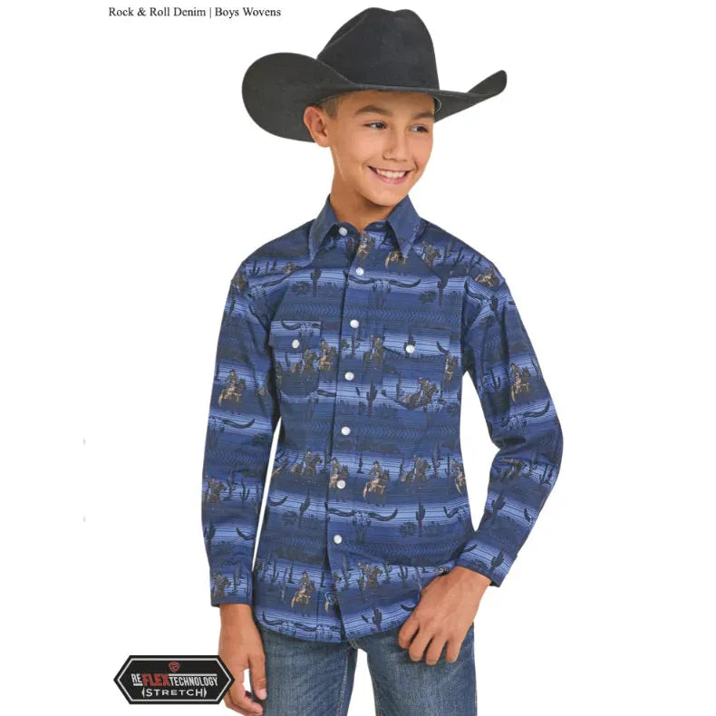 Rock & Roll Boy's Western Print Shirt- Blue