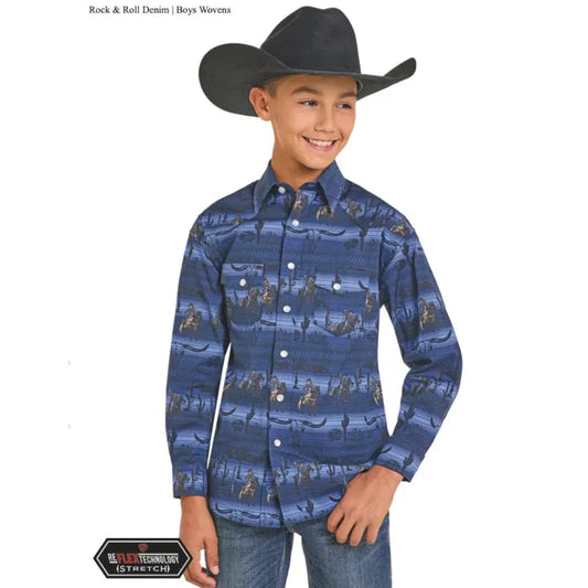 Rock & Roll Boy's Western Print Shirt- Blue