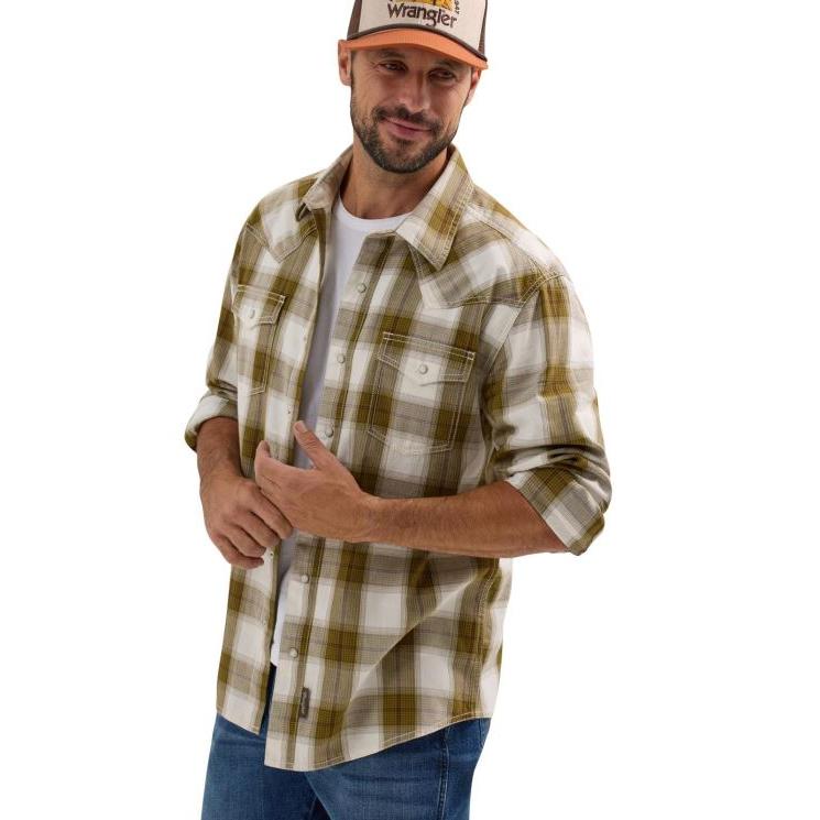Wrangler Men's Long Sleeve Premium Modern Fit Shirt-Olive/Green