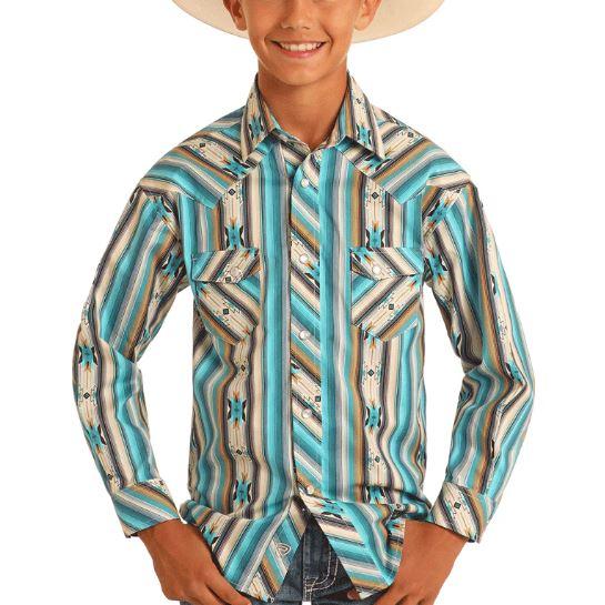 Rock & Roll Boy's Long Sleeve Aztec Stripe Print Snap - Bright Turquoise