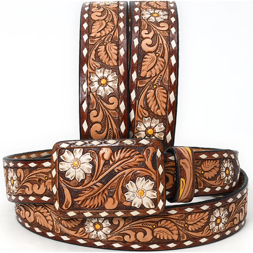 American Darling Hand Tooled White Daisy Floral with Matching Buckle