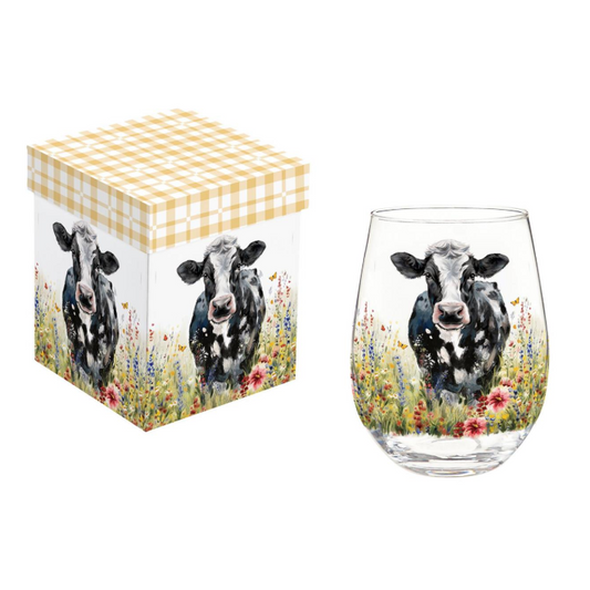 Evergreen Petal & Plow Farm Cow Stemless Wine Glass