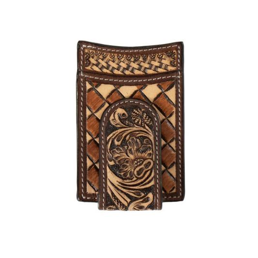 3D Men's Hand Tooled Floral Basketweave Money Clip- Tan - Irvine Tack & Western Wear