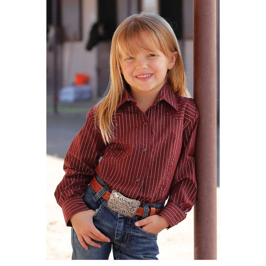 Cinch Girl's Stripe Snap Button Down Long Sleeve Shirt-  Burgundy