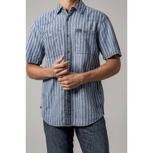 Kimes Men's Short Sleeve Shifter Shirt- Indigo Stripe
