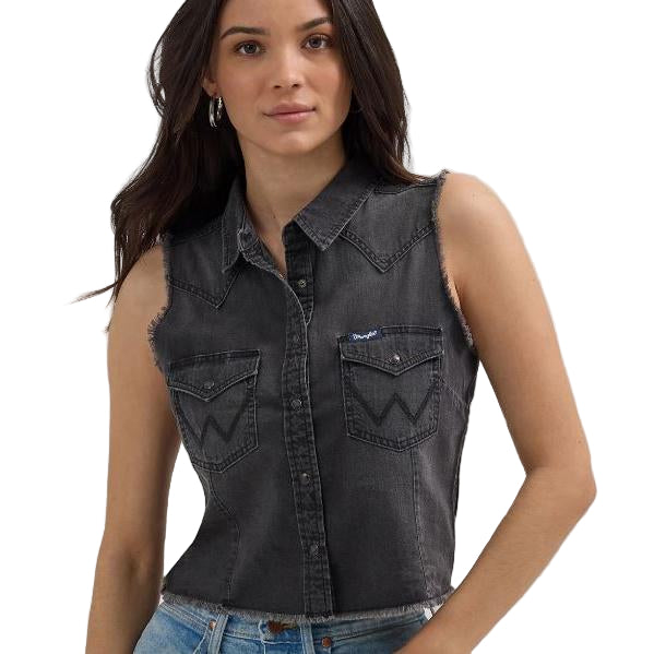 Wrangler West Women's Sleeveless Denim Snap Cut Off Crop Top- Black
