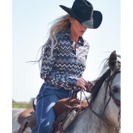 Cowgirl Tuff  Women's Long Sleeve Chevron Print Stretch Jersey- Grey