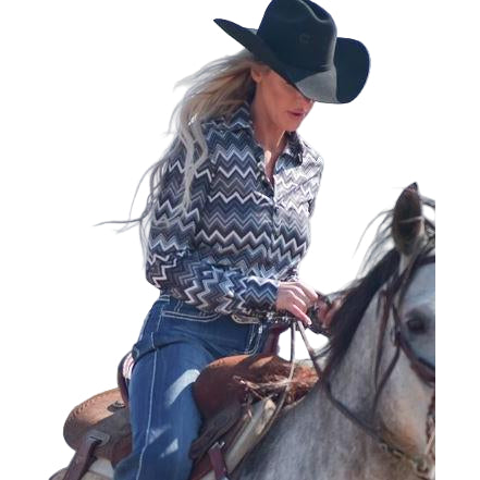 Cowgirl Tuff  Women's Long Sleeve Chevron Print Stretch Jersey- Grey