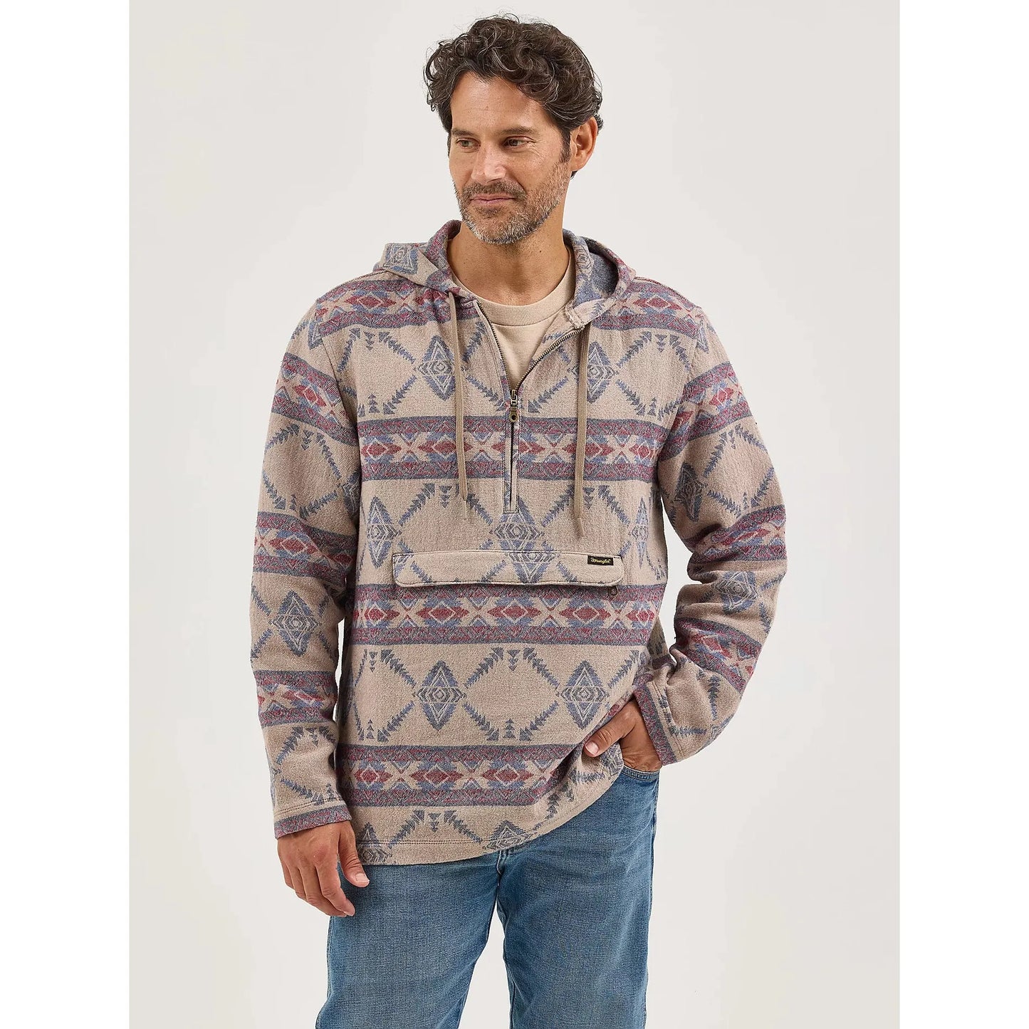 Wrangler Men's Jacquard Quarter Zip Hooded Popover Jacket- Desert Taupe