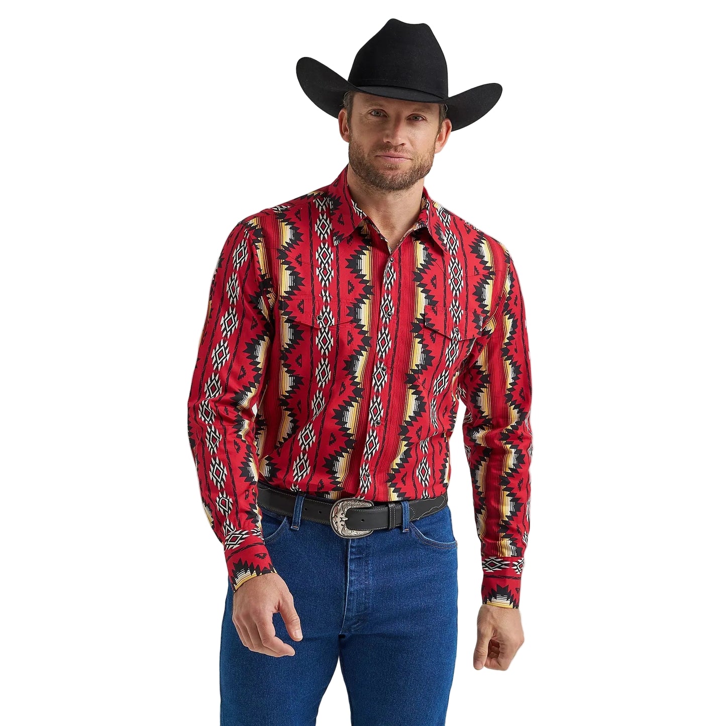 Wrangler Men's Checotah Long Sleeve Printed Shirt- Firey Red
