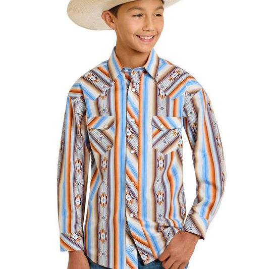 Rock & Roll Boy's Long Sleeve Aztec Stripe Shirt-Orange