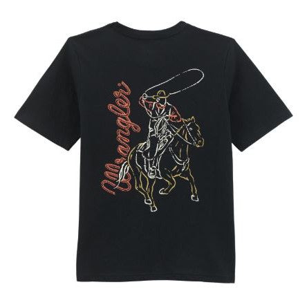 Wrangler Boy's Short Sleeve Line Drawn Roping Cowboy Tee Shirt- Jet Black