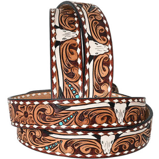 American Darling Cow Skull Western Belt with Turquoise Studs and Whipstich