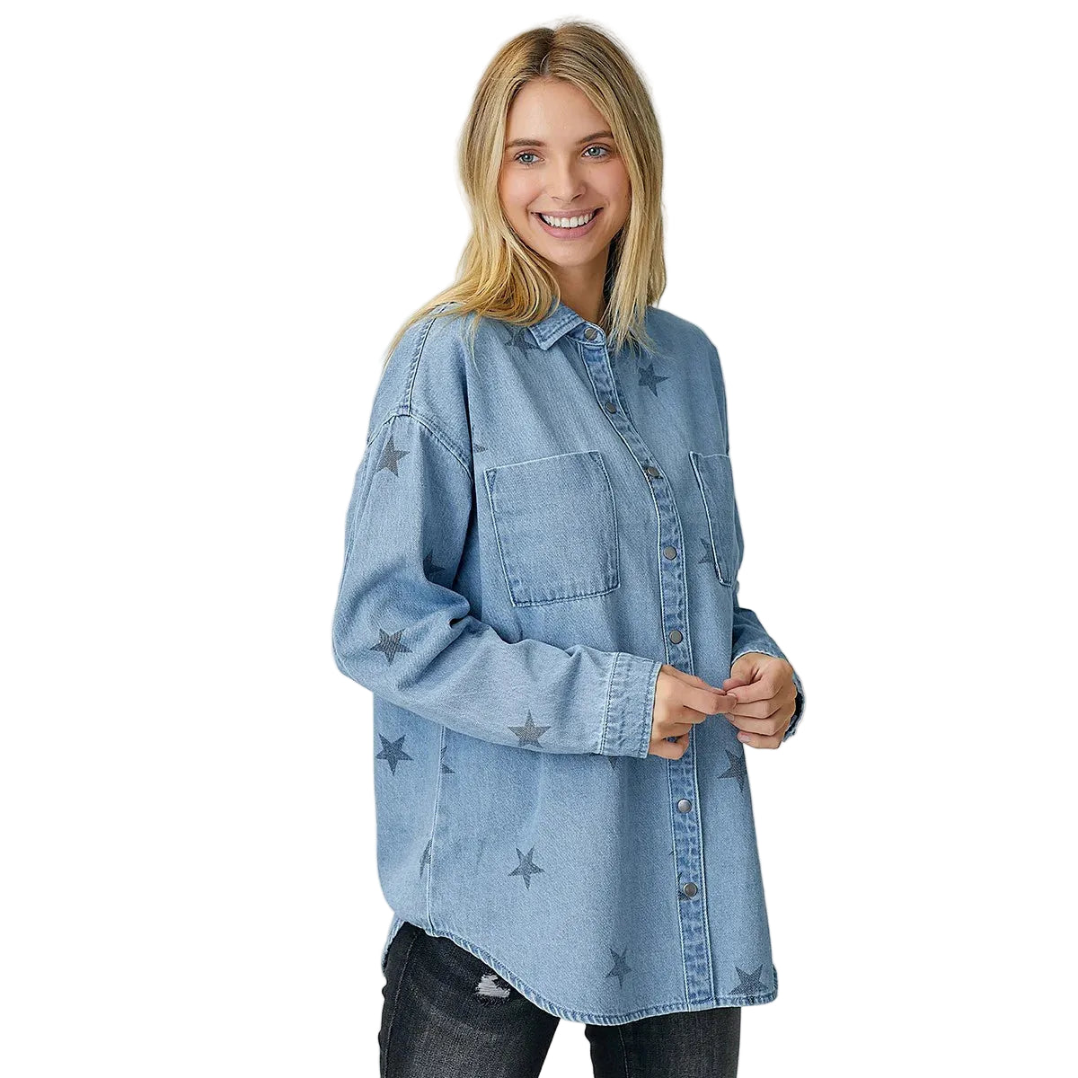 Risen Women's Oversized Star Print Denim Long Sleeve Shirt - Light Wash