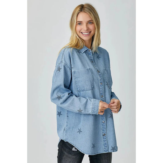 Risen Women's Oversized Star Print Denim Long Sleeve Shirt-Light Wash