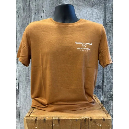 Hostile Western Men's Short Sleeve Tee Shirt- Orange