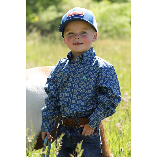 Cinch Boy's Long Sleeve Print Shirt- Royal Blue