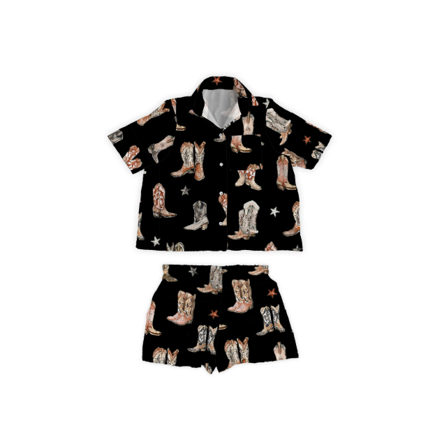 Ida Mae Girl's Thunderbird Boots Shorty Pajama Set- Black
