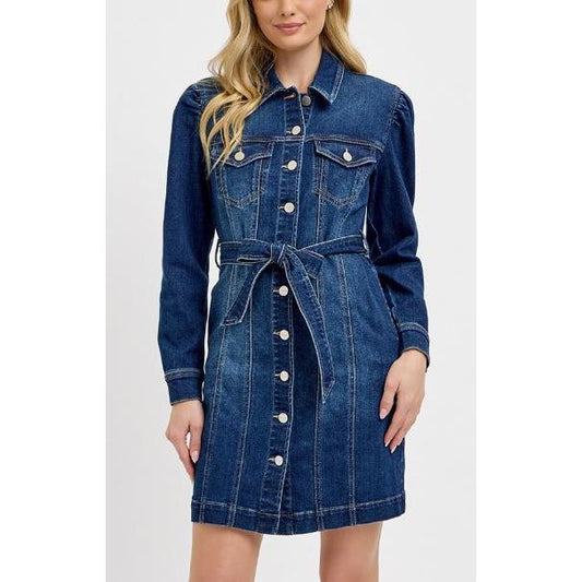 Risen Women's Long Sleeve Puffed Sleeve Denim Dress- Dark Wash