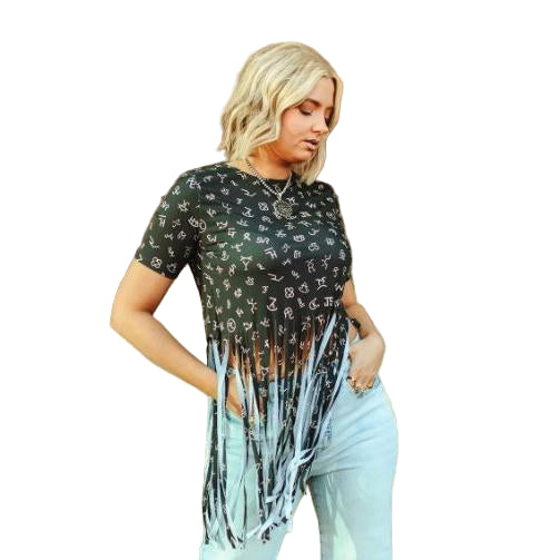 Lucky & Blessed Women's Vintage Collage Printed Fringe Hem Top- Multiple Colors