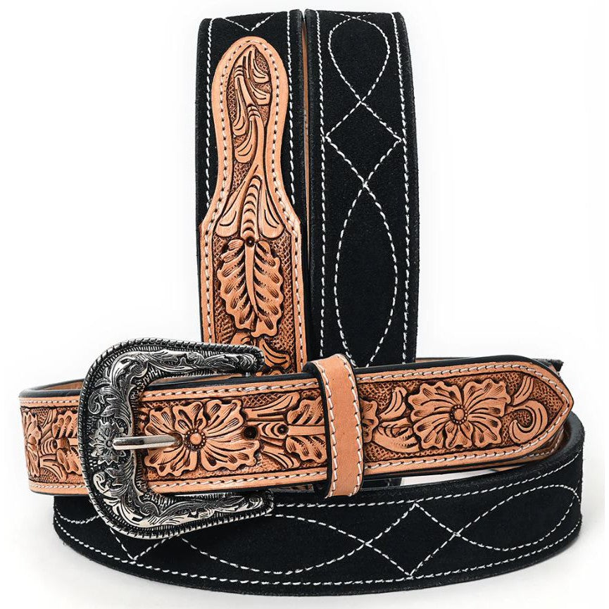 American Darling Unisex Beautifully Hand Tooled Genuine American Suede Leather Belt - Black