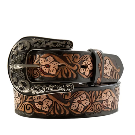 Nocona Girl's Floral Hand Tooled Belt- Black/Brown - Irvine Tack & Western Wear