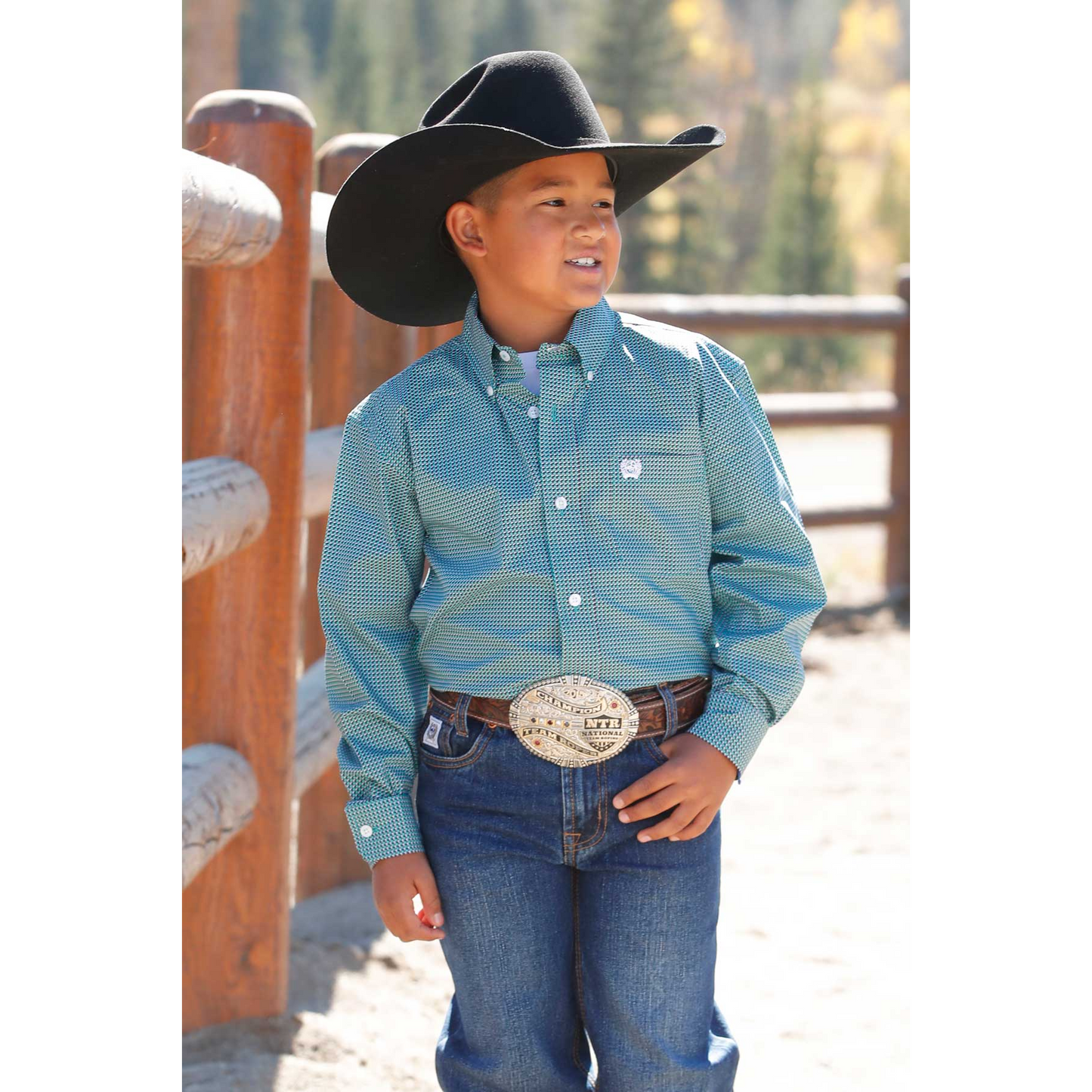 Cinch Boy's Long Sleeve Print Shirt- Turquoise