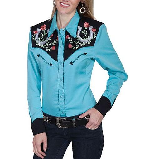 Scully Women's Long Sleeve Western Embroidered Shirt-Turquoise