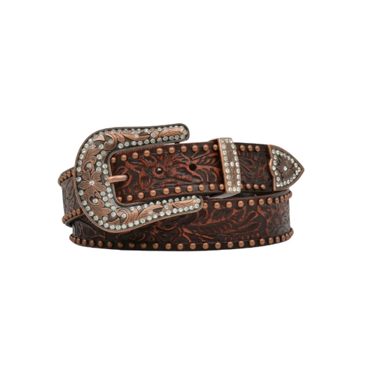 Angel Ranch Women's 1 1/2" Brown Floral Belt with Copper Tone Buckle