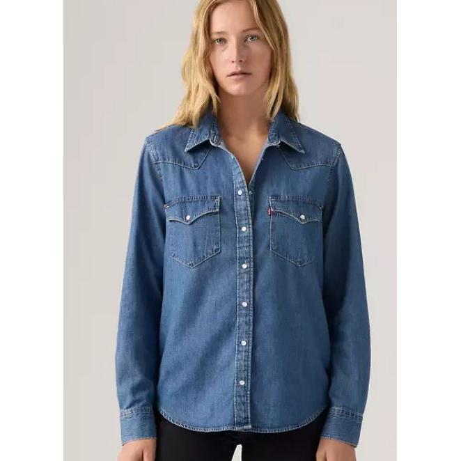 Levi Women's Denim Western Long Sleeve Denim Shirt- Mighty Fine Medium Wash