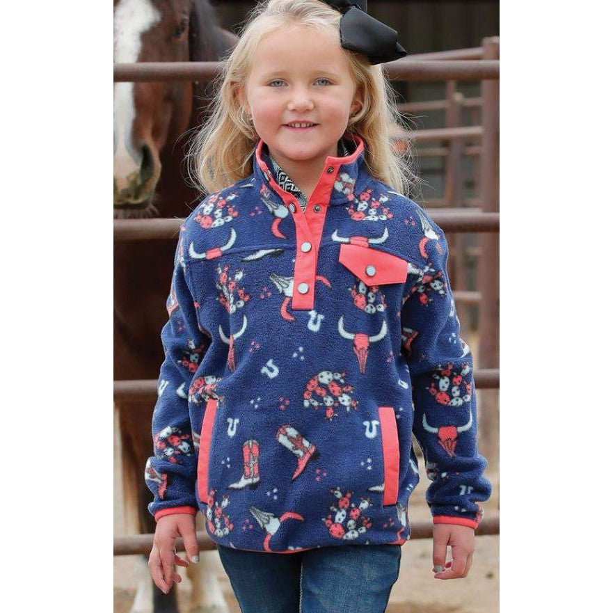 Cinch Girl's Long Sleeve Fleece Pullover- Navy