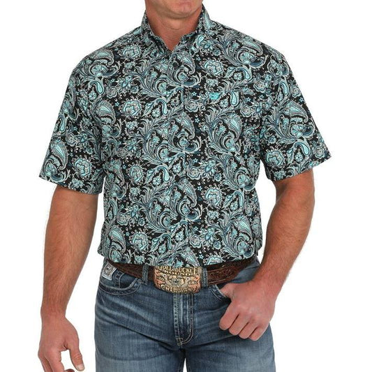 Cinch Men's Short Sleeve Paisley Print Button Down Western Shirt- Blue