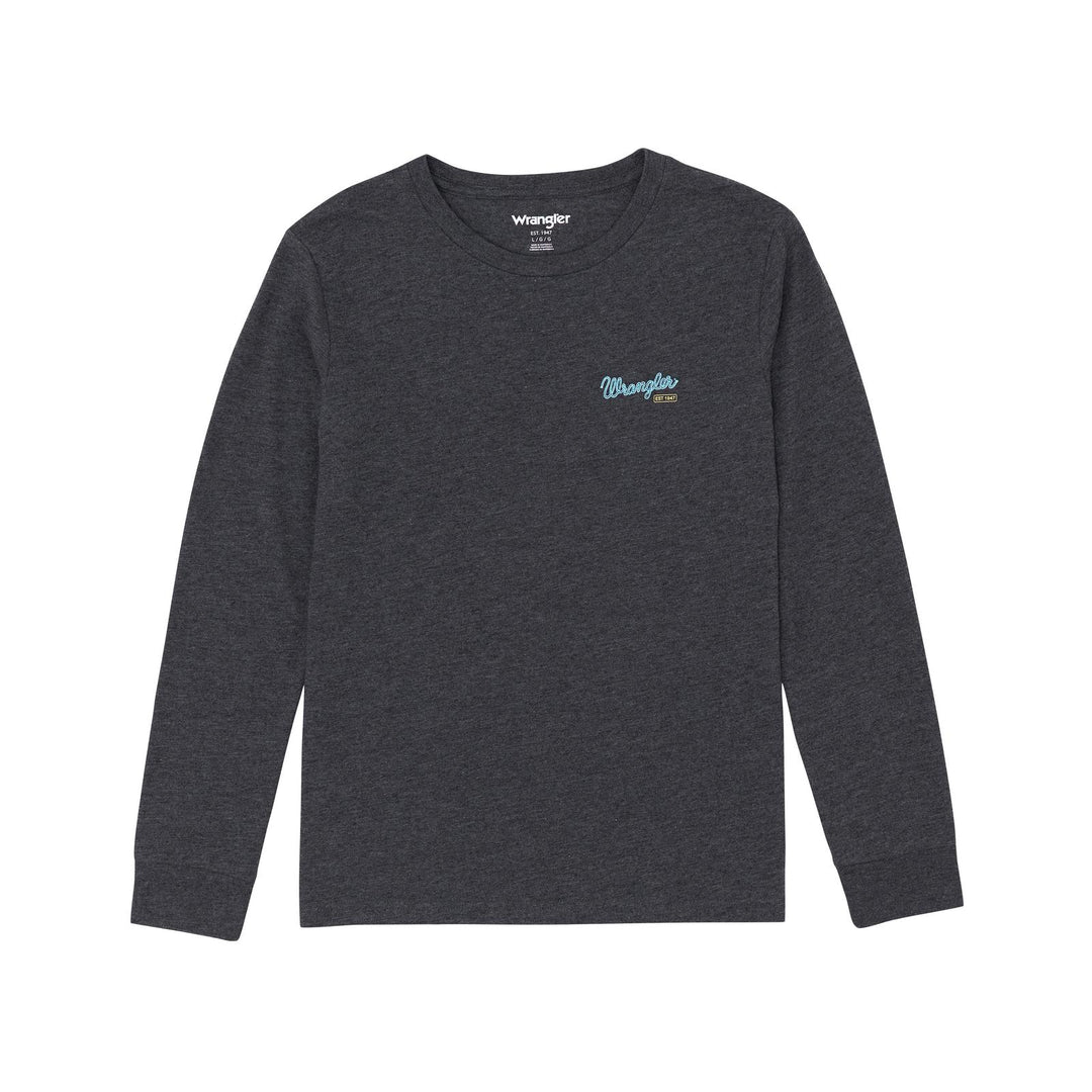 Wrangler Boys Long Sleeve Graphic Tee Shirt- Caviar Heather