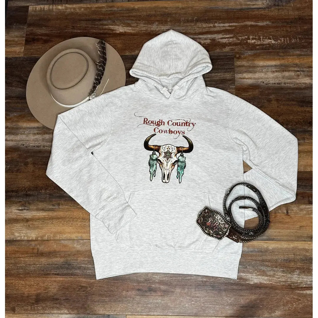Rough Country Cowboys Unisex Long Sleeve Cow skull  Hoodie- Grey