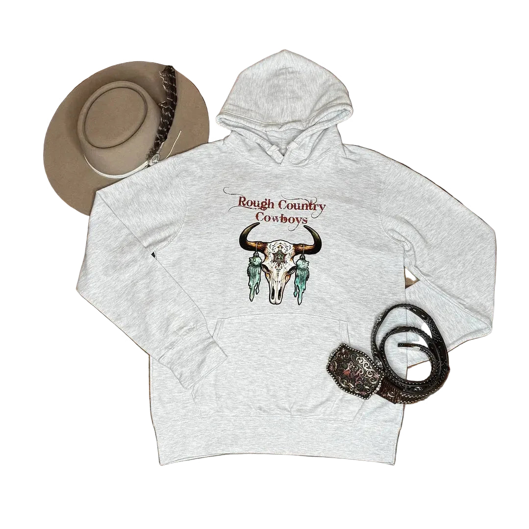 Rough Country Cowboys Unisex Long Sleeve Cow skull  Hoodie- Grey