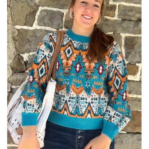 Rock & Roll Women's Long Sleeve Blue Aztec Knit Sweater- Multi