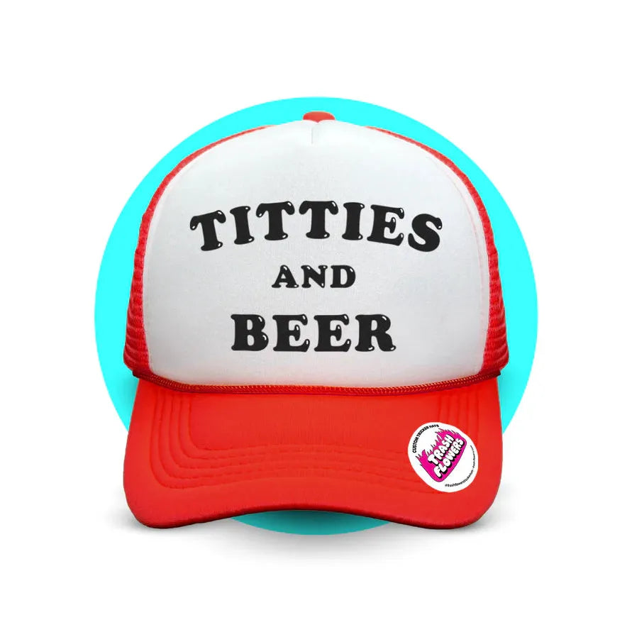 Trash Flowers Titties and Beer Trucker Hat-Brown/White