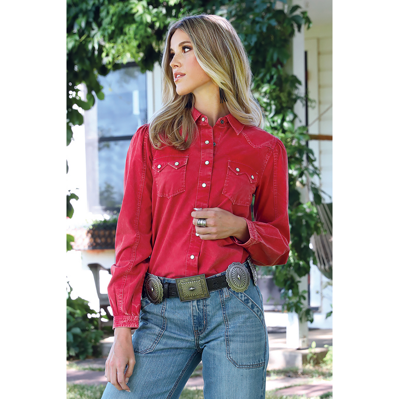 Cinch Women's Long Sleeve Distressed Solid Shirt- Red