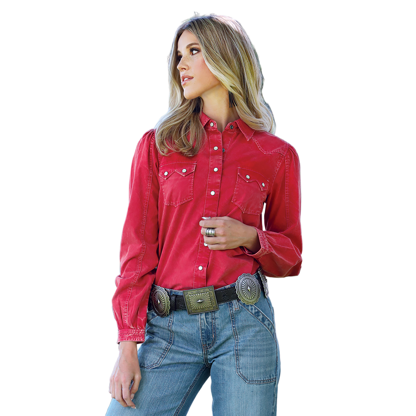 Cinch Women's Long Sleeve Distressed Solid Shirt- Red