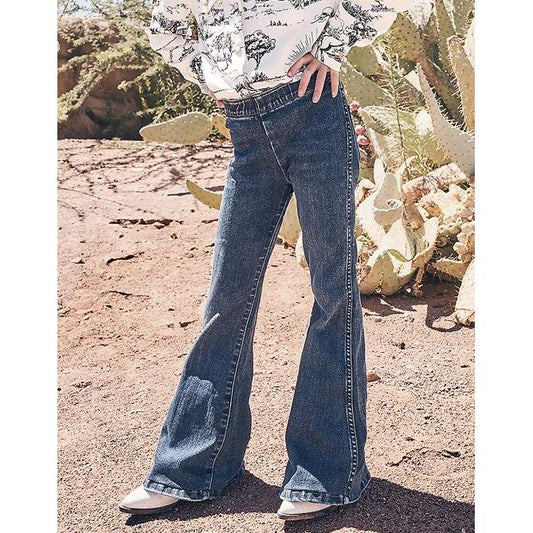 Wrangler Girl's Lainey Wilson Mid Rise  Pull On Bell Bottoms- Dark Denim Wash