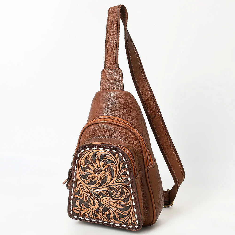 American Darling Brown Leather Sling Backpack with Tooled Floral Bag