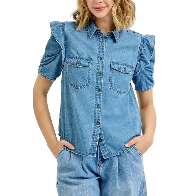 Risen Women's Short Sleeve Ruffled Detailed Puff Sleeve Debun Shirt- Medium Wash