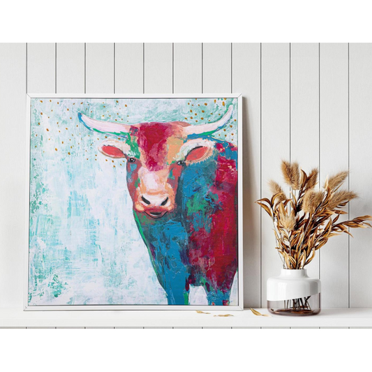 Evergreen Petal & Plow Cow Art in Wooden Frame